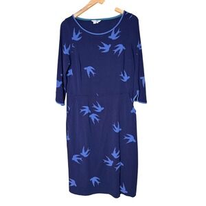 Boden Womens Navy Blue Swallow Bird Print Jersey Dress Pockets J0031 US 10R